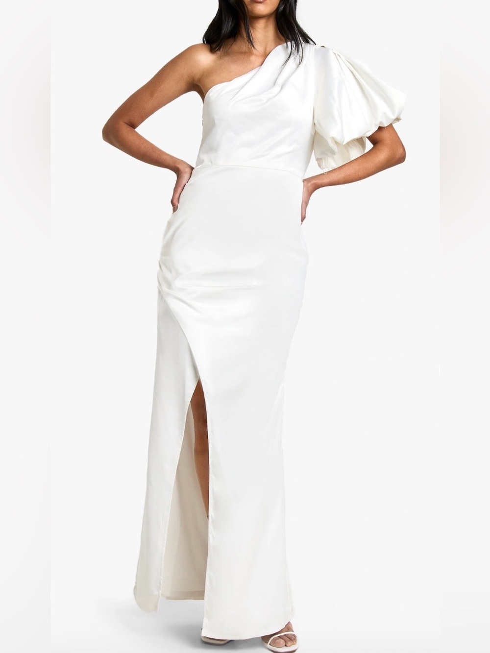 Boohoo White Satin One-Shoulder Floor Length Evening Gown Size 8 Medium